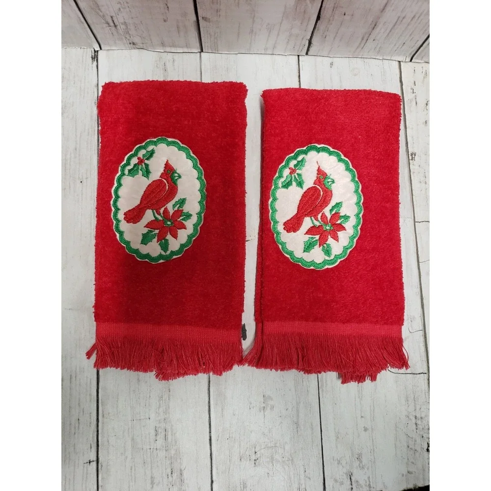 Vintage Christmas Cardinals Tea Towels Set of 2 Terry Cloth Applique Red